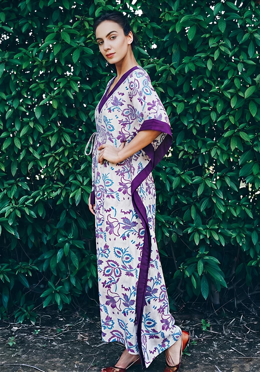White Mauve Floral Printed Tie-Up Waist Cotton Kaftan