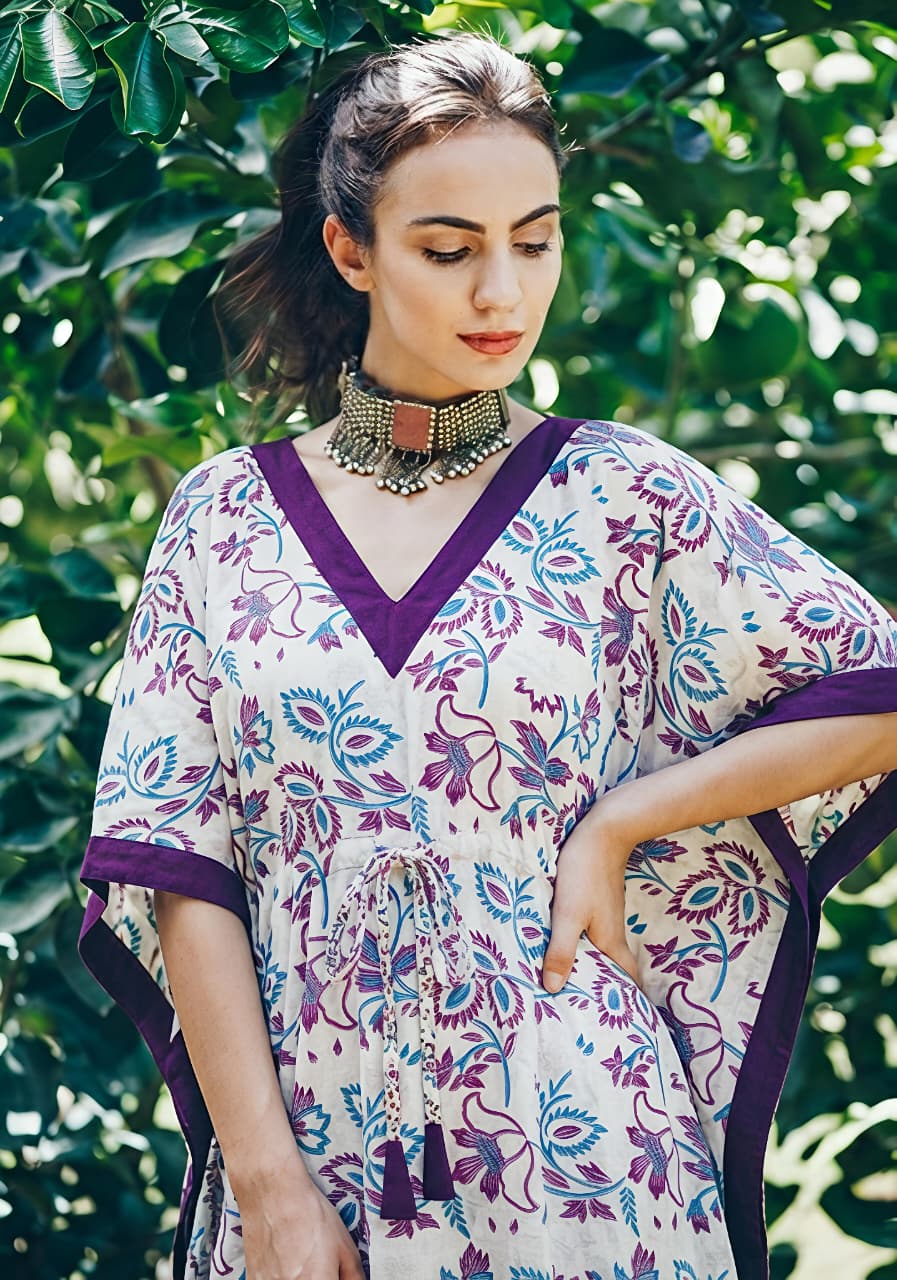 White Mauve Floral Printed Tie-Up Waist Cotton Kaftan