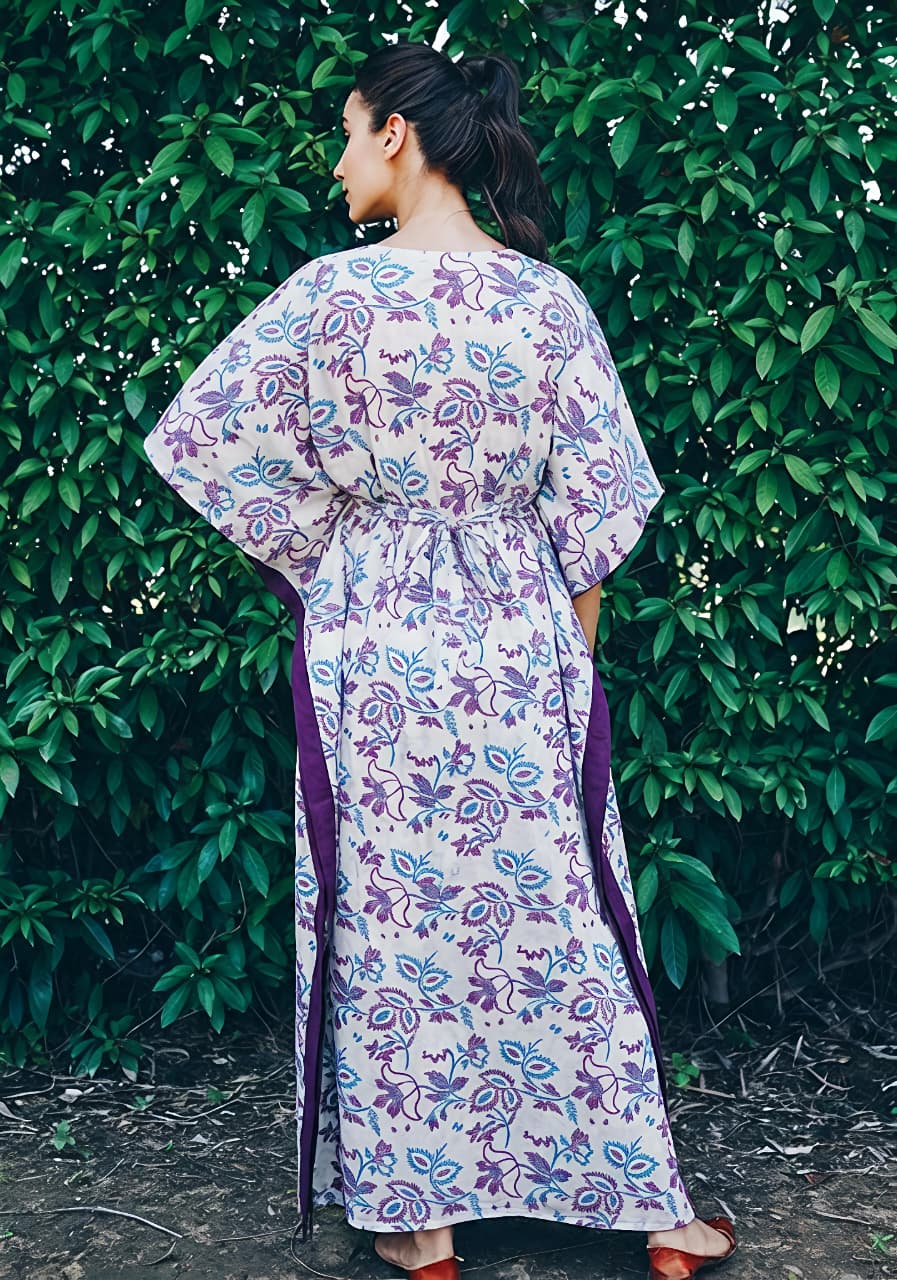 White Mauve Floral Printed Tie-Up Waist Cotton Kaftan