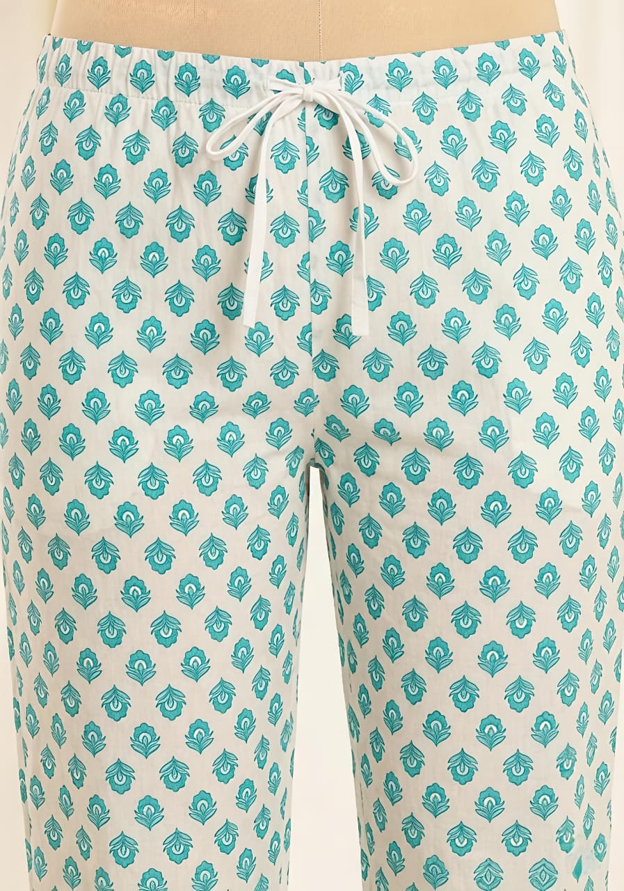 White Aqua Floral Printed Cotton Night Suit