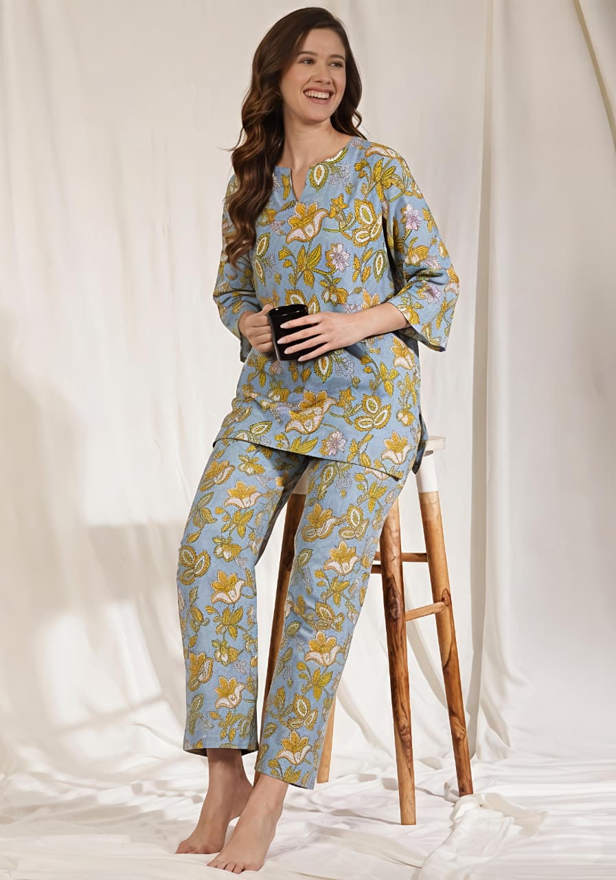 Smoke Blue Mustard Floral Printed Cotton Night Suit