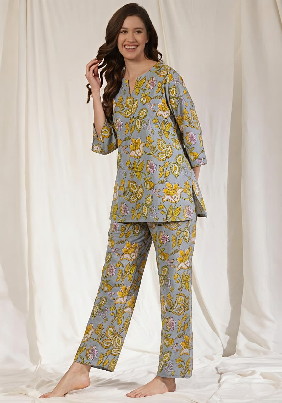 Smoke Blue Mustard Floral Printed Cotton Night Suit