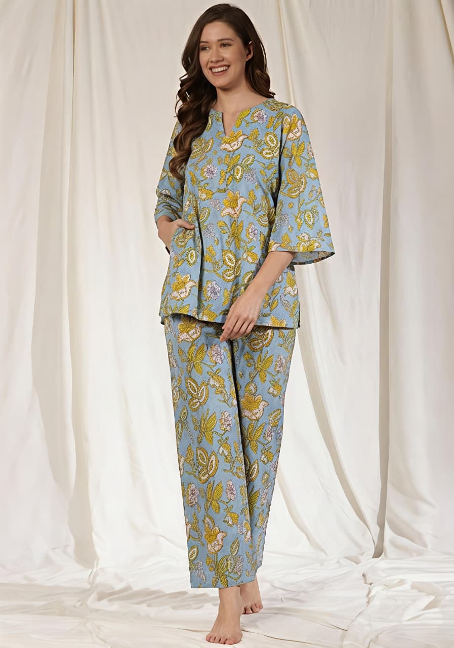 Smoke Blue Mustard Floral Printed Cotton Night Suit