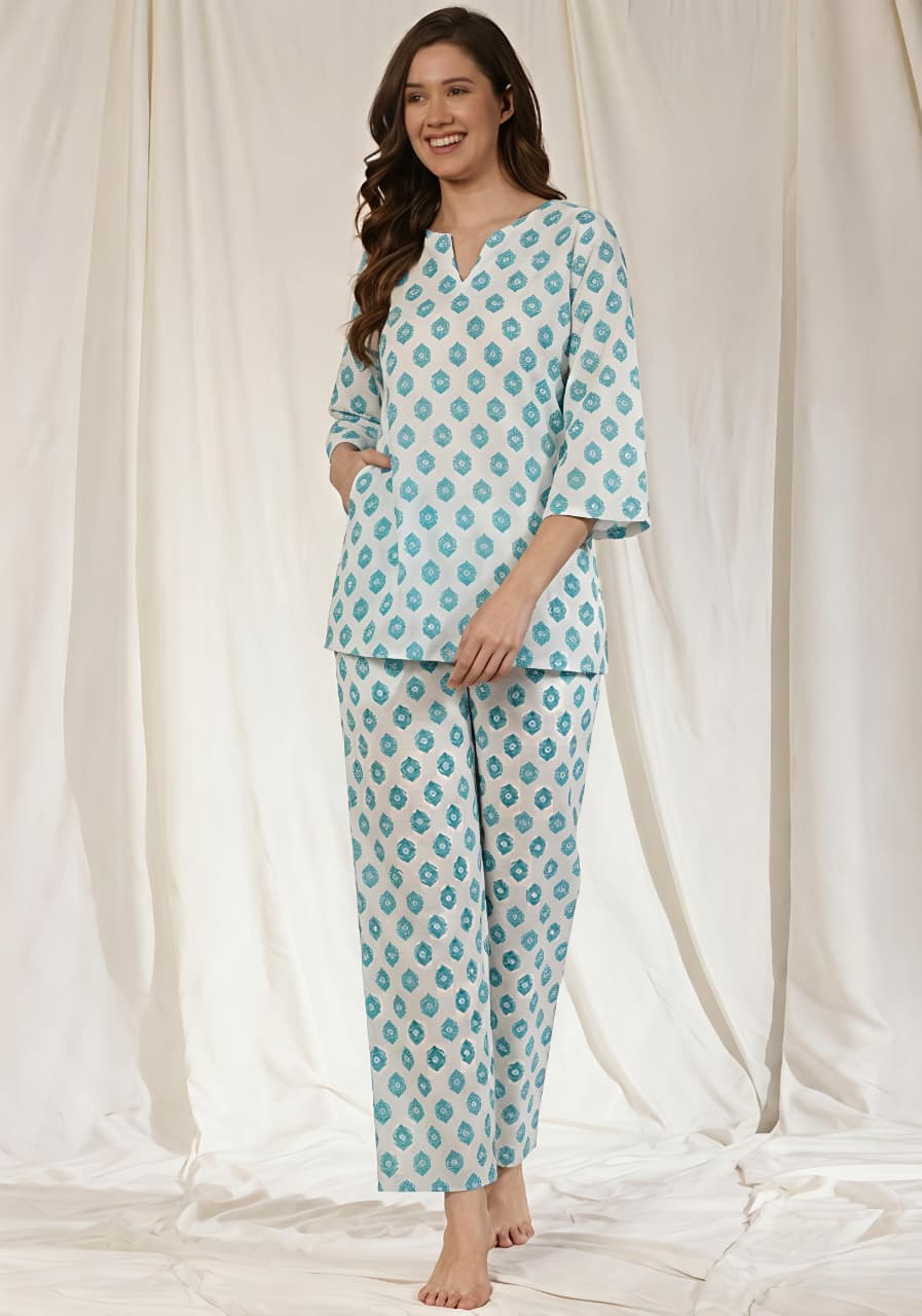 White Aqua Floral Printed Cotton Night Suit