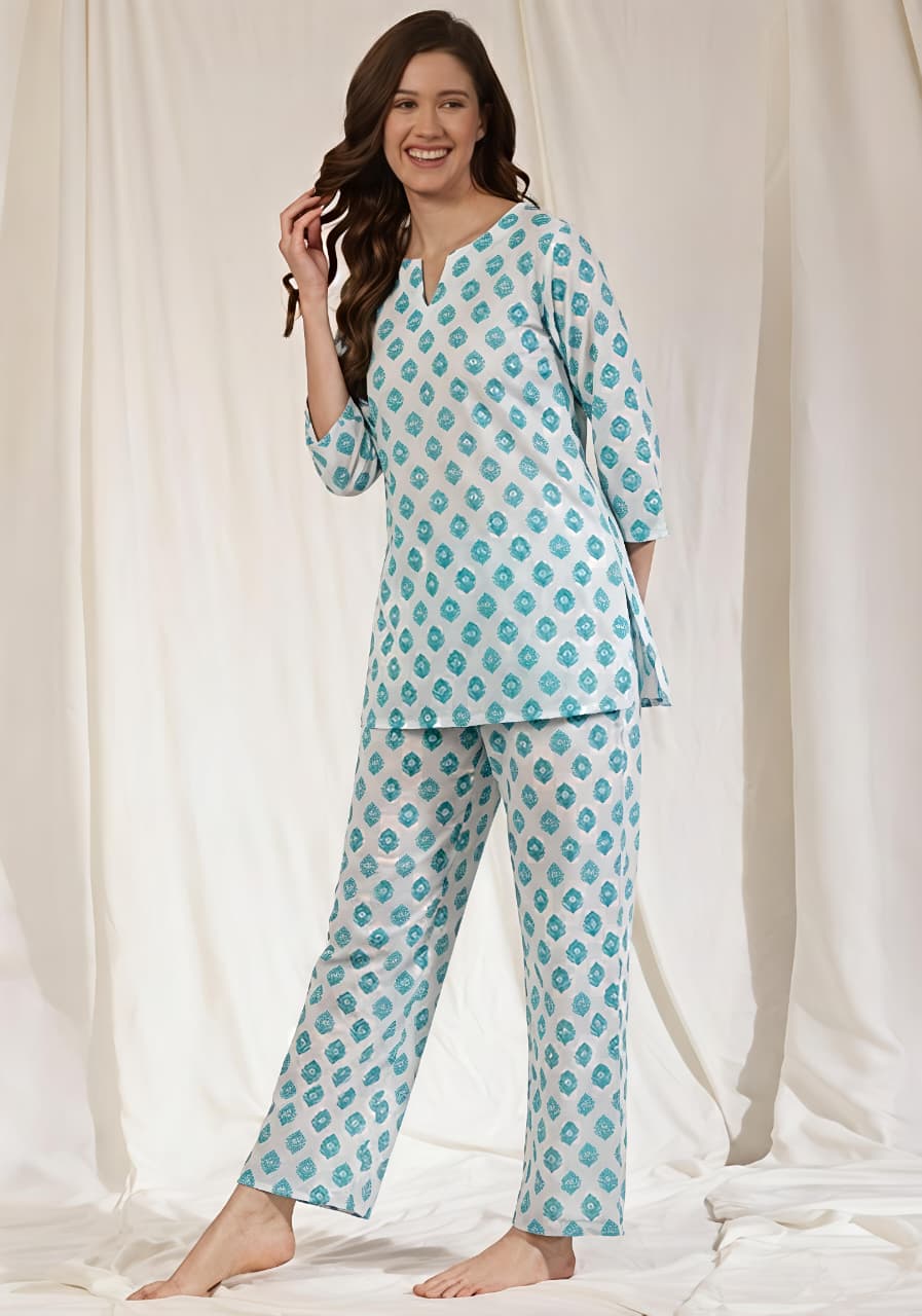 White Aqua Floral Printed Cotton Night Suit
