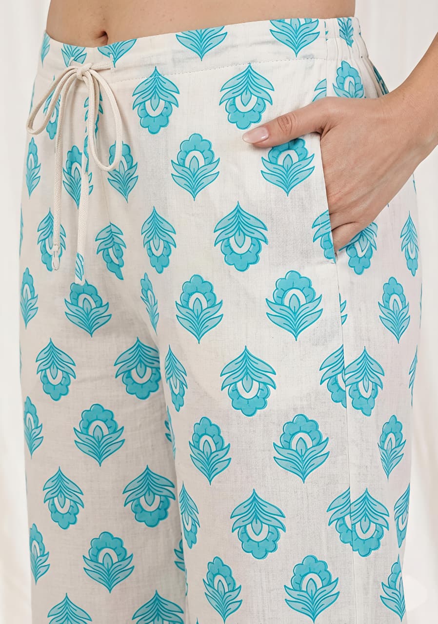 White Aqua Floral Printed Cotton Night Suit