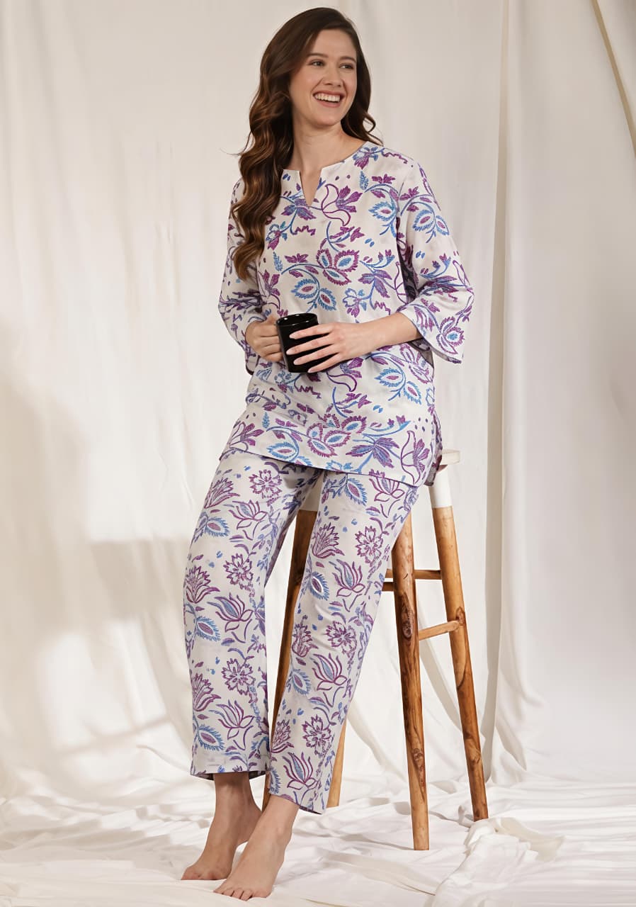 White Purple Floral Printed Cotton Night Suit