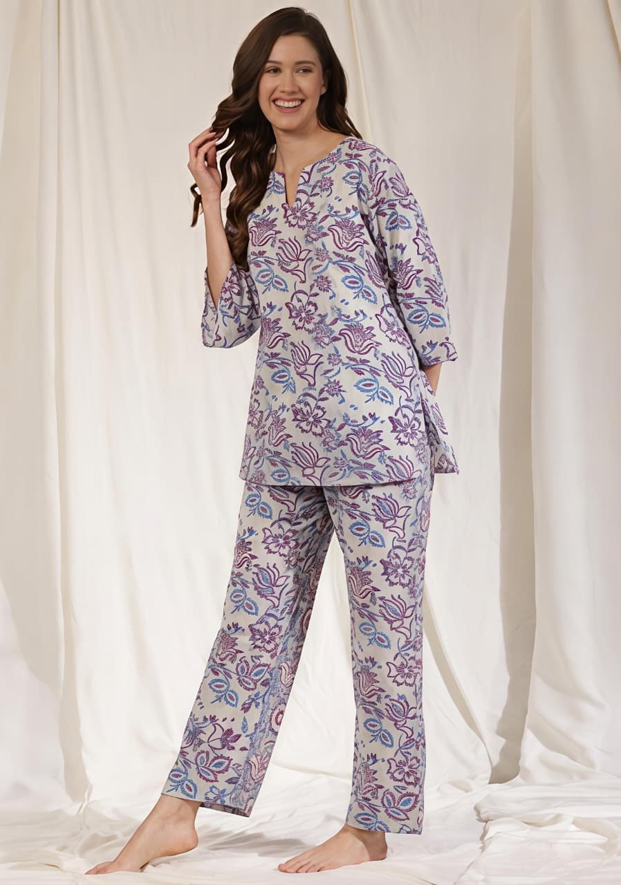 White Purple Floral Printed Cotton Night Suit
