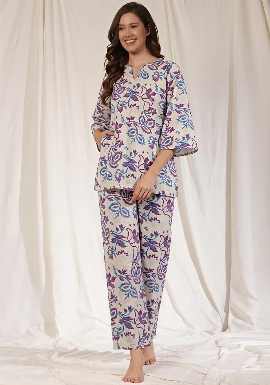 White Purple Floral Printed Cotton Night Suit