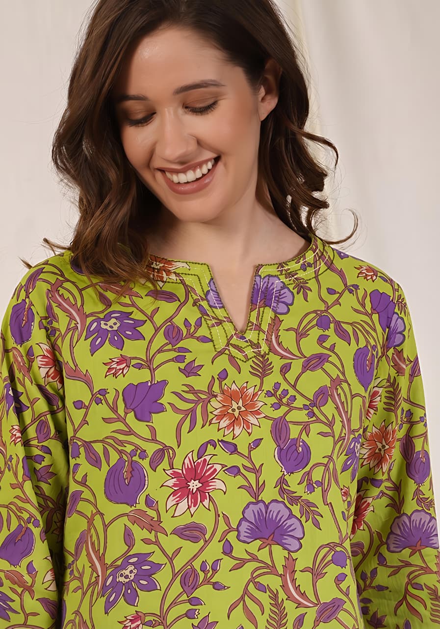 Green Pink Floral Printed Cotton Night Suit