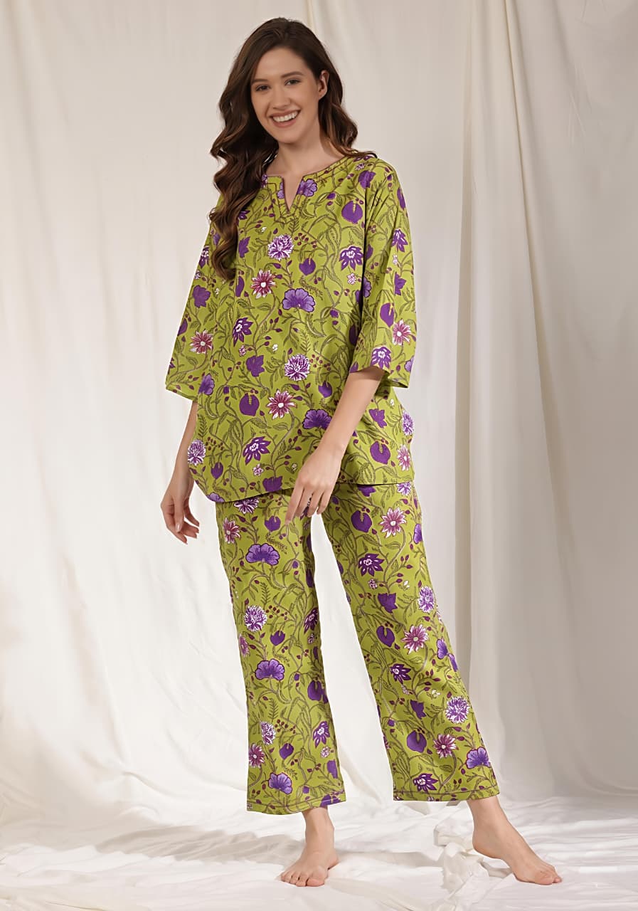 Green Pink Floral Printed Cotton Night Suit