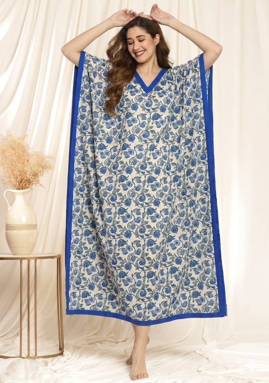 White Blue Floral Printed Tie-Up Waist Cotton Kaftan