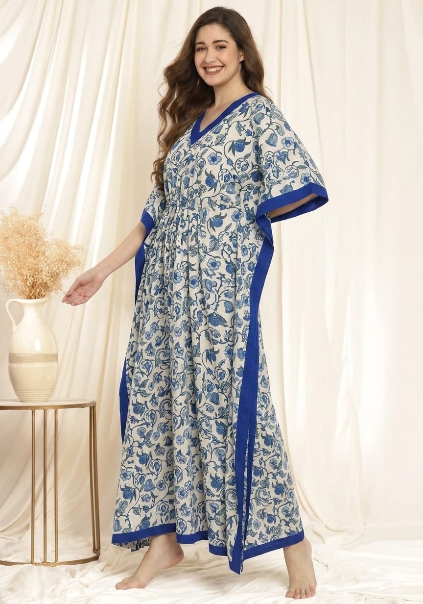 White Blue Floral Printed Tie-Up Waist Cotton Kaftan