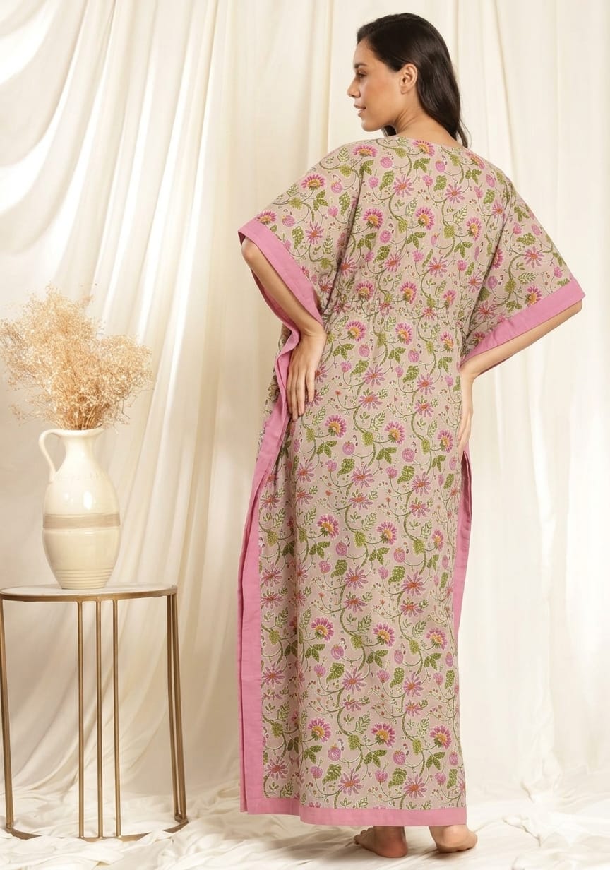 Pink Green Floral Printed Tie-Up Waist Cotton Kaftan