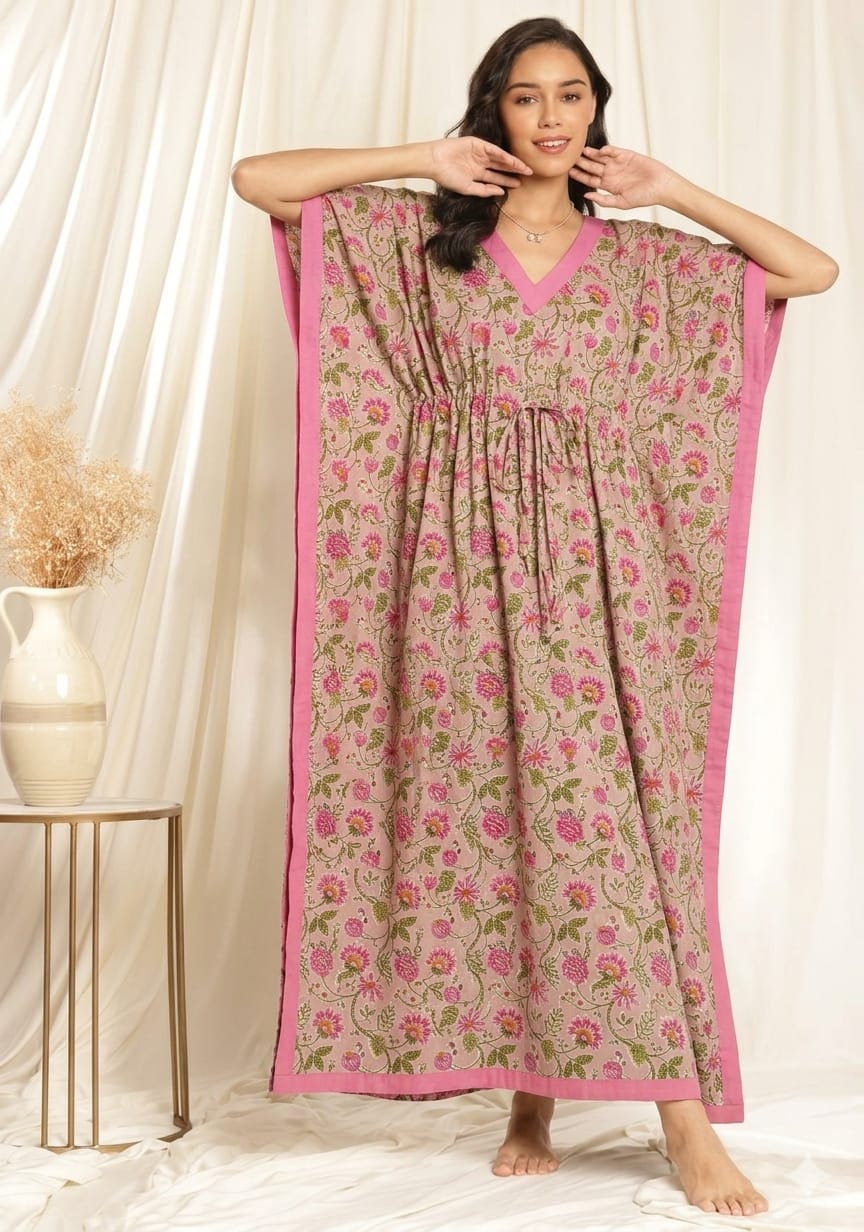 Pink Green Floral Printed Tie-Up Waist Cotton Kaftan