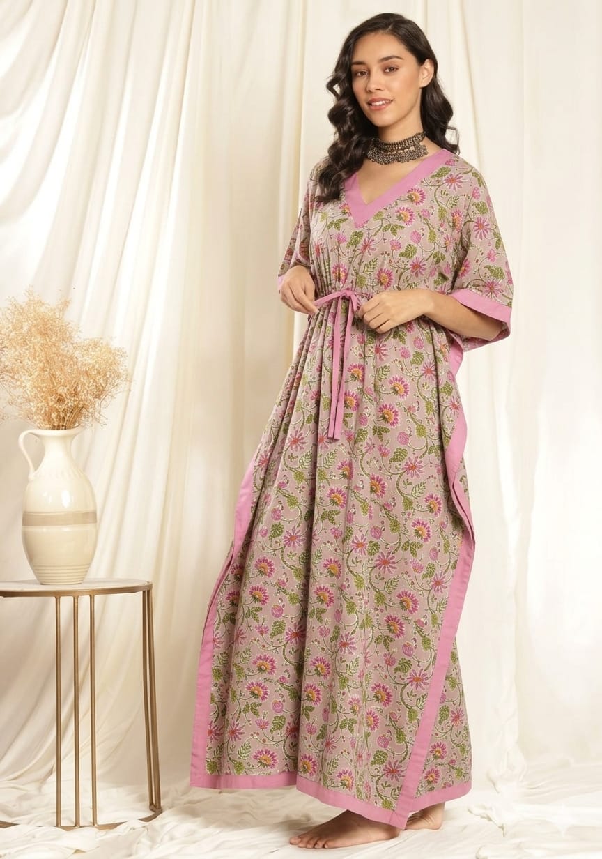 Pink Green Floral Printed Tie-Up Waist Cotton Kaftan