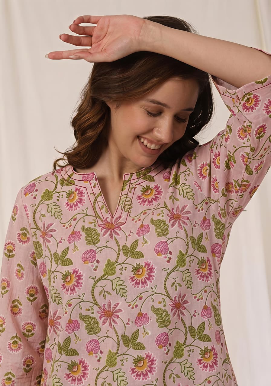 Pink Green Floral Printed Cotton Night Suit