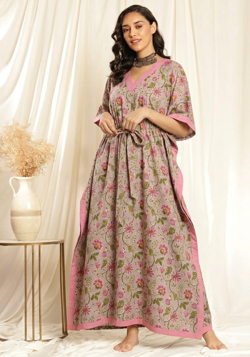 Pink Green Floral Printed Tie-Up Waist Cotton Kaftan