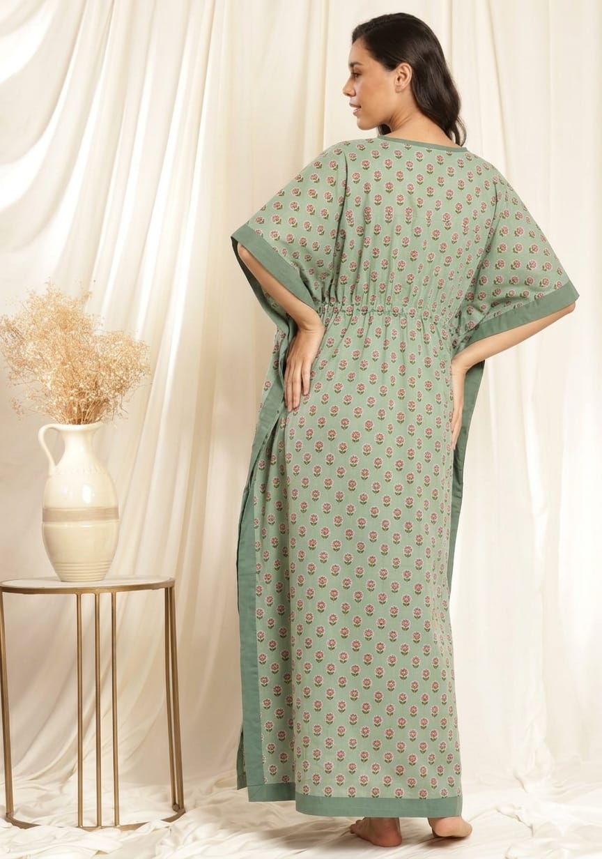 Aqua Pink Flower motif Printed Tie-Up Waist Cotton Kaftan