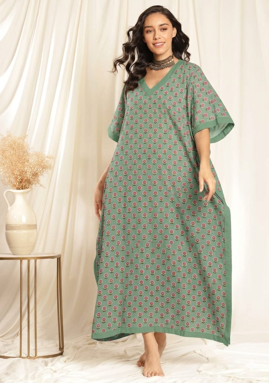 Aqua Pink Flower motif Printed Tie-Up Waist Cotton Kaftan