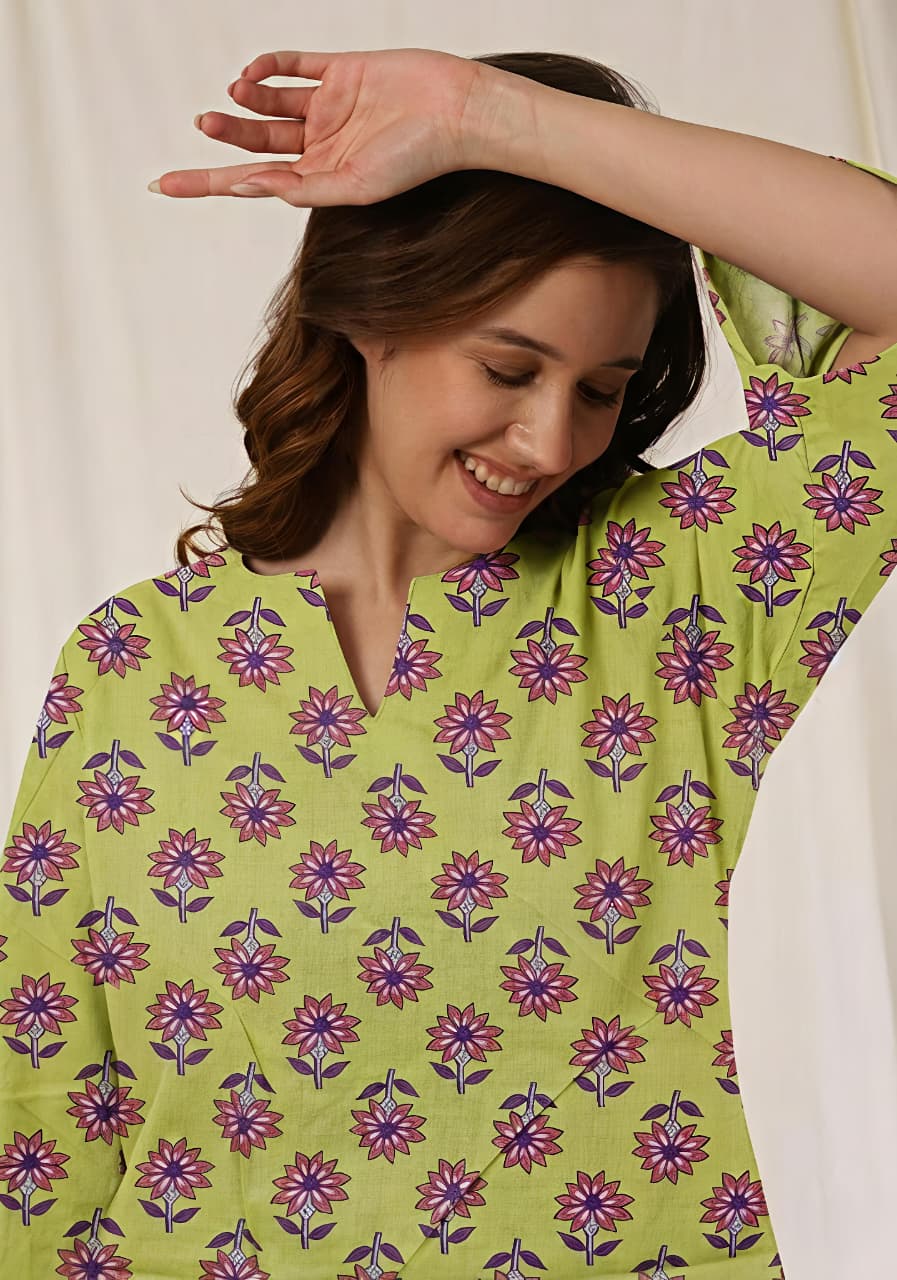 Green Mauve Floral Printed Cotton Night Suit