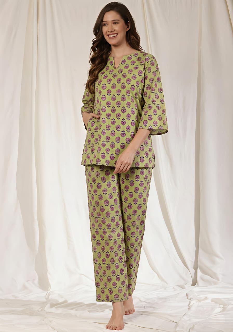 Green Mauve Floral Printed Cotton Night Suit