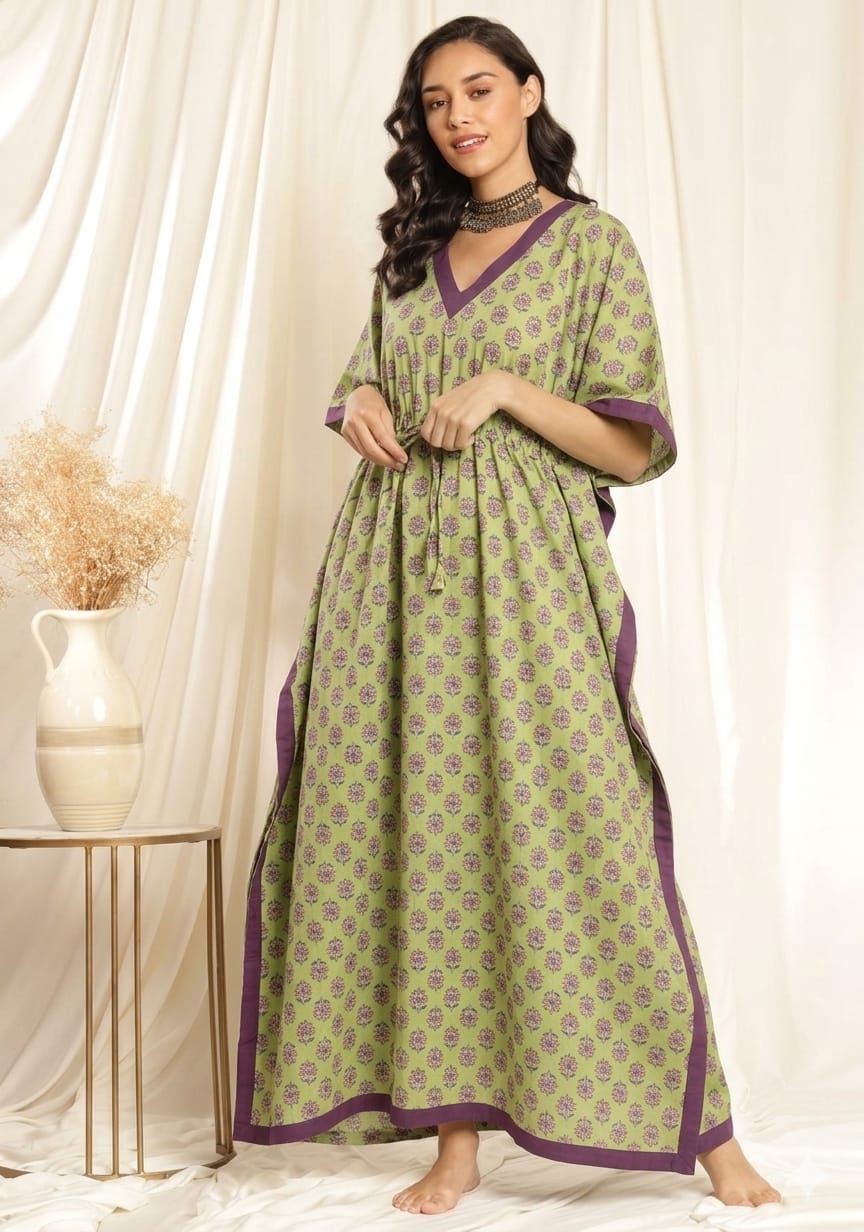 Green Mauve Flower motif Printed Tie-Up Waist Cotton Kaftan
