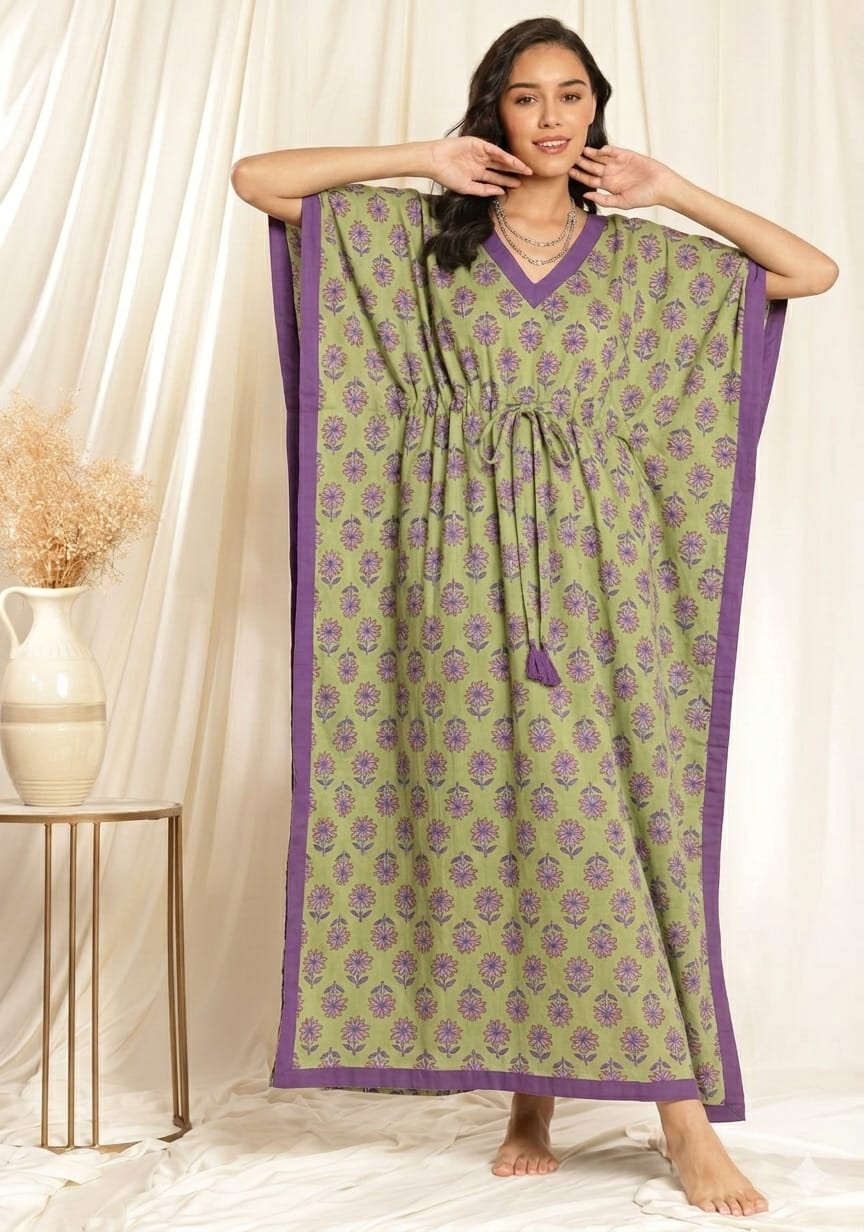 Green Mauve Flower motif Printed Tie-Up Waist Cotton Kaftan