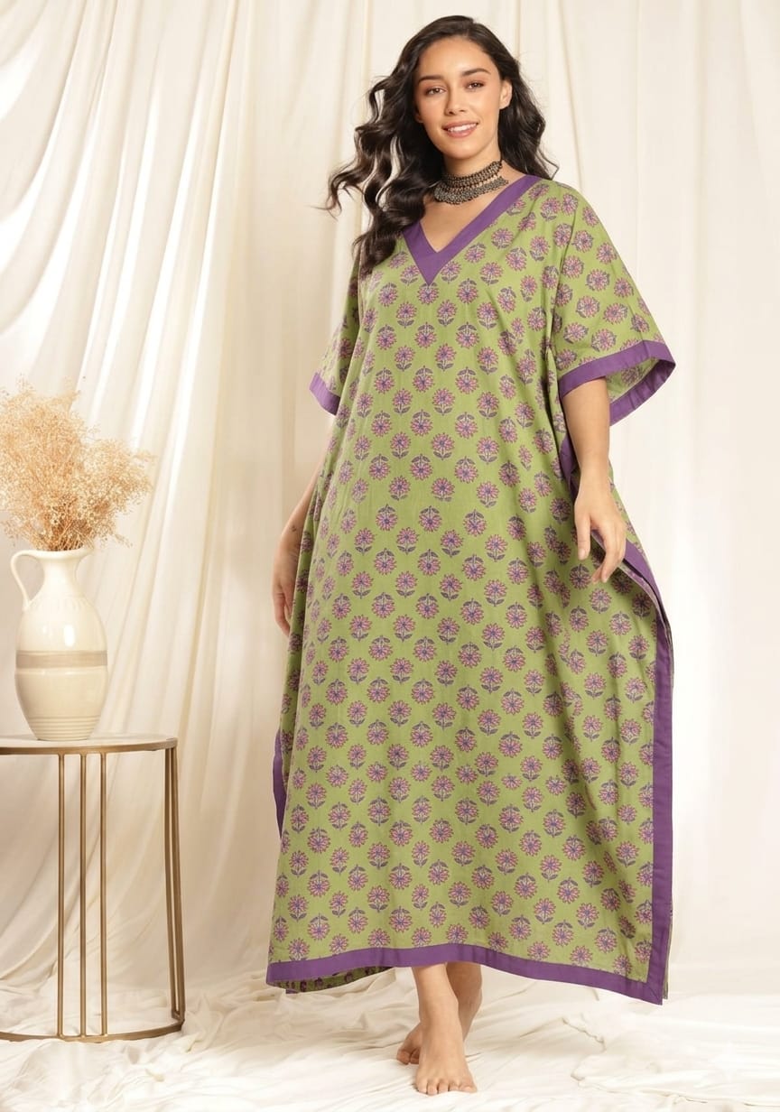 Green Mauve Flower motif Printed Tie-Up Waist Cotton Kaftan