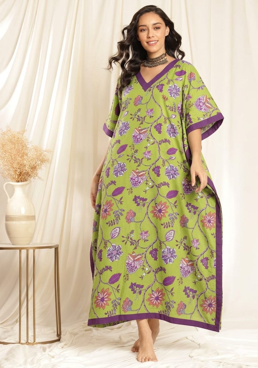 Green Pink Floral Printed Tie-Up Waist Cotton Kaftan