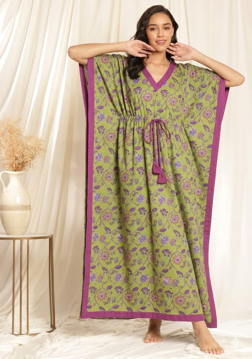 Green Pink Floral Printed Tie-Up Waist Cotton Kaftan
