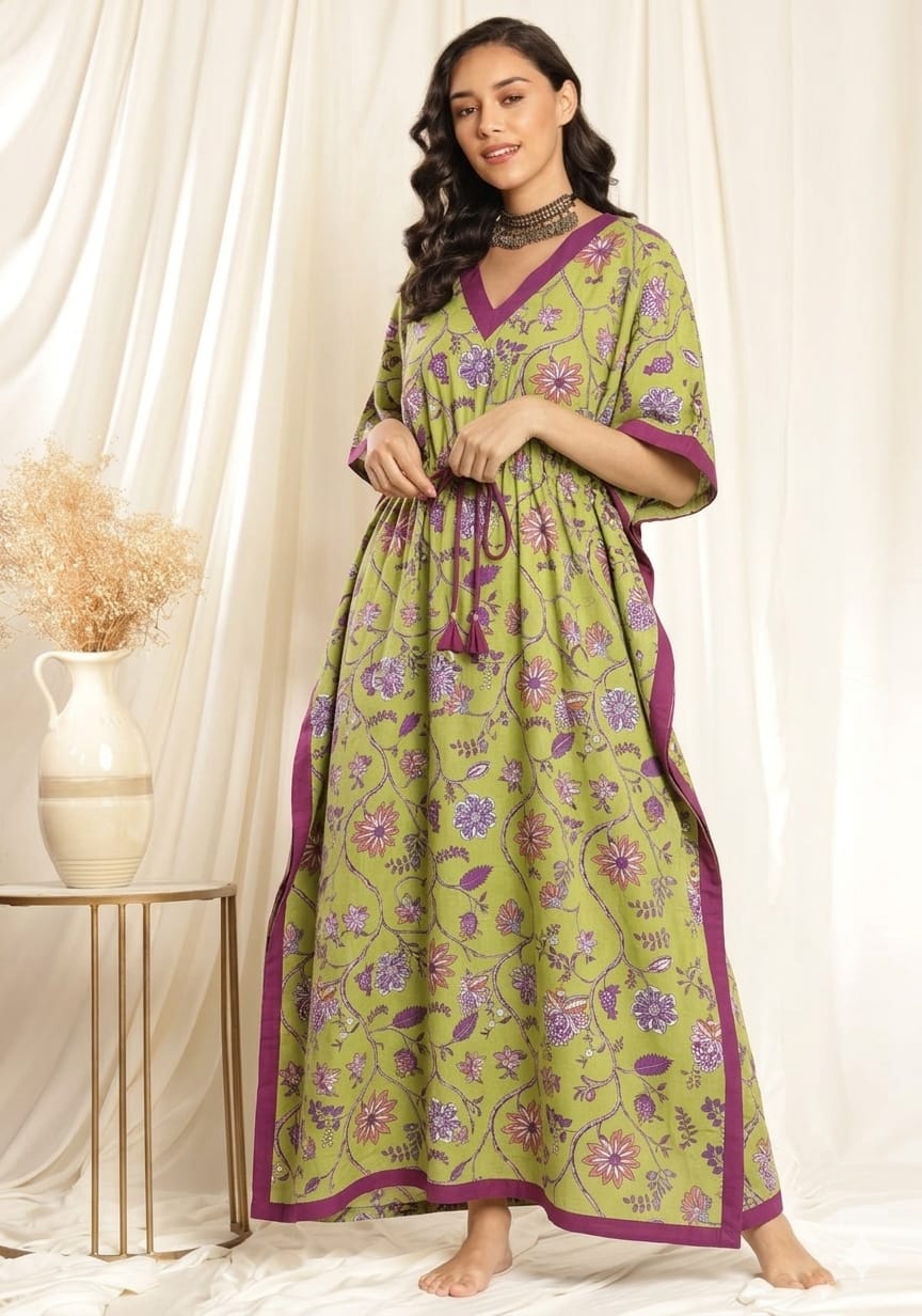 Green Pink Floral Printed Tie-Up Waist Cotton Kaftan