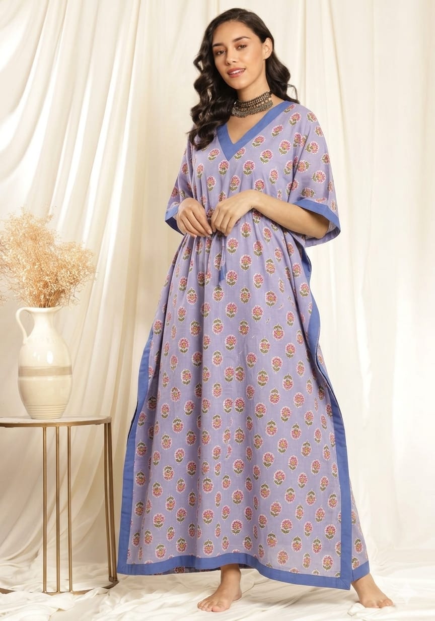 Mauve Pink Floral Printed Tie-Up Waist Cotton Kaftan