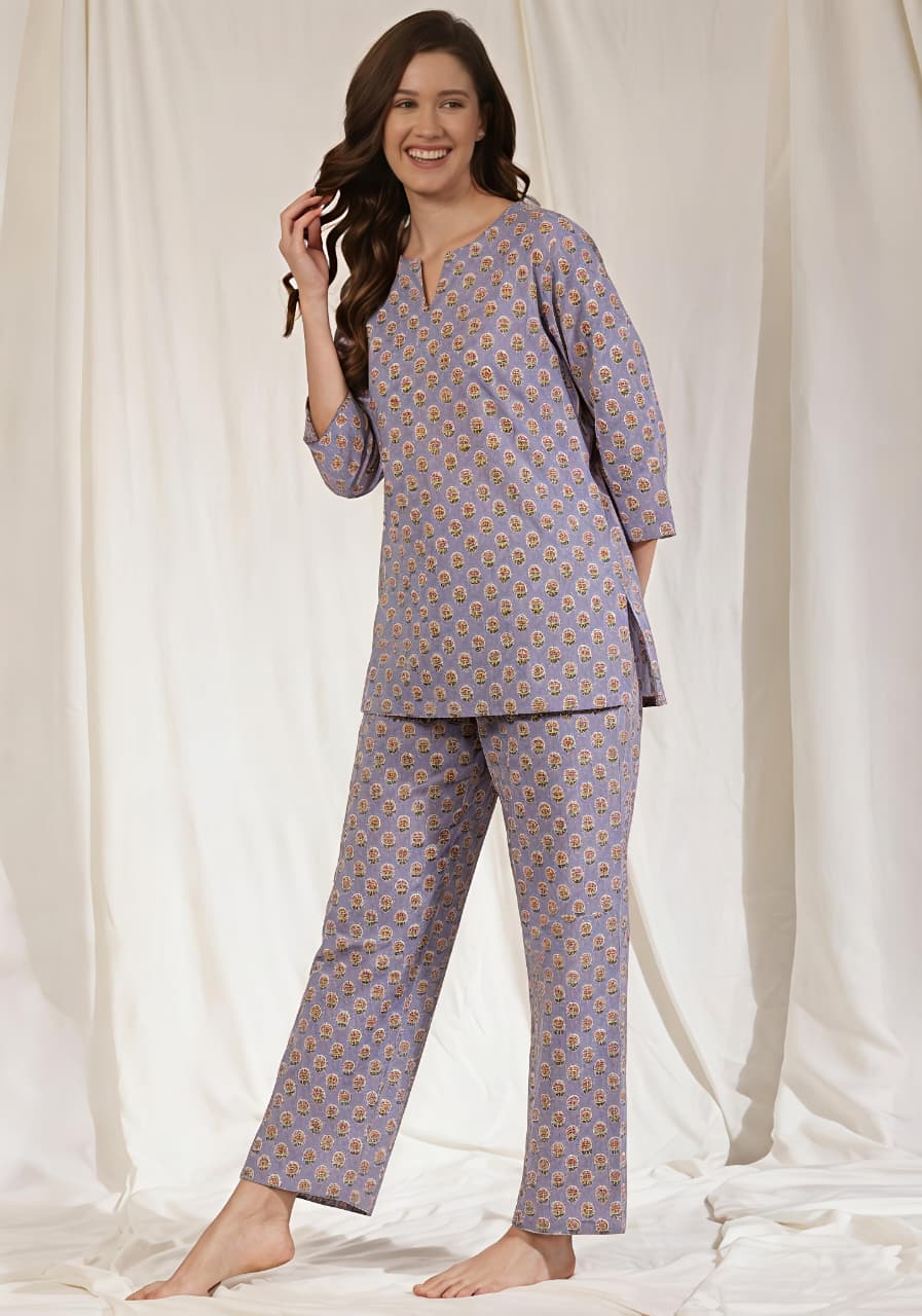 Mauve Pink Floral Printed Cotton Night Suit