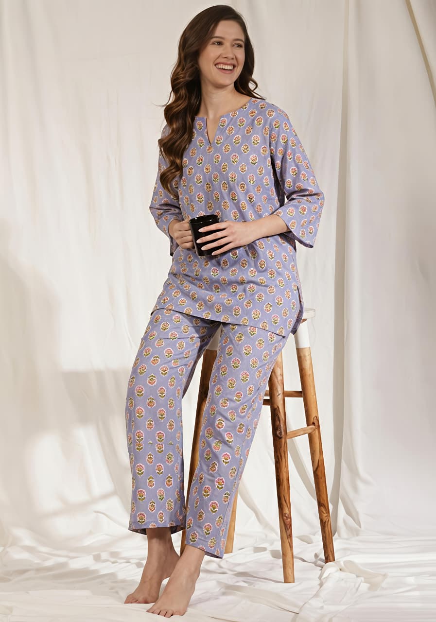 Mauve Pink Floral Printed Cotton Night Suit