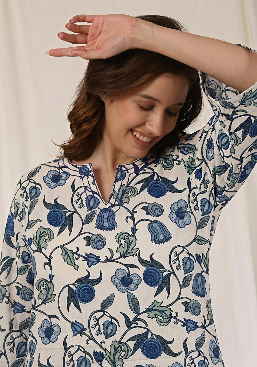 White Blue Floral Printed Cotton Night Suit