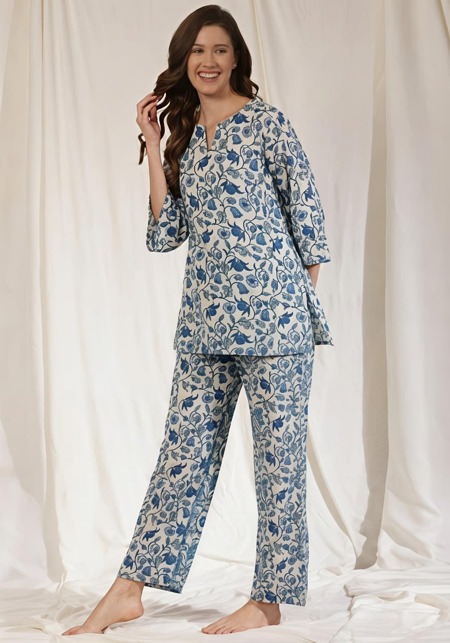 White Blue Floral Printed Cotton Night Suit