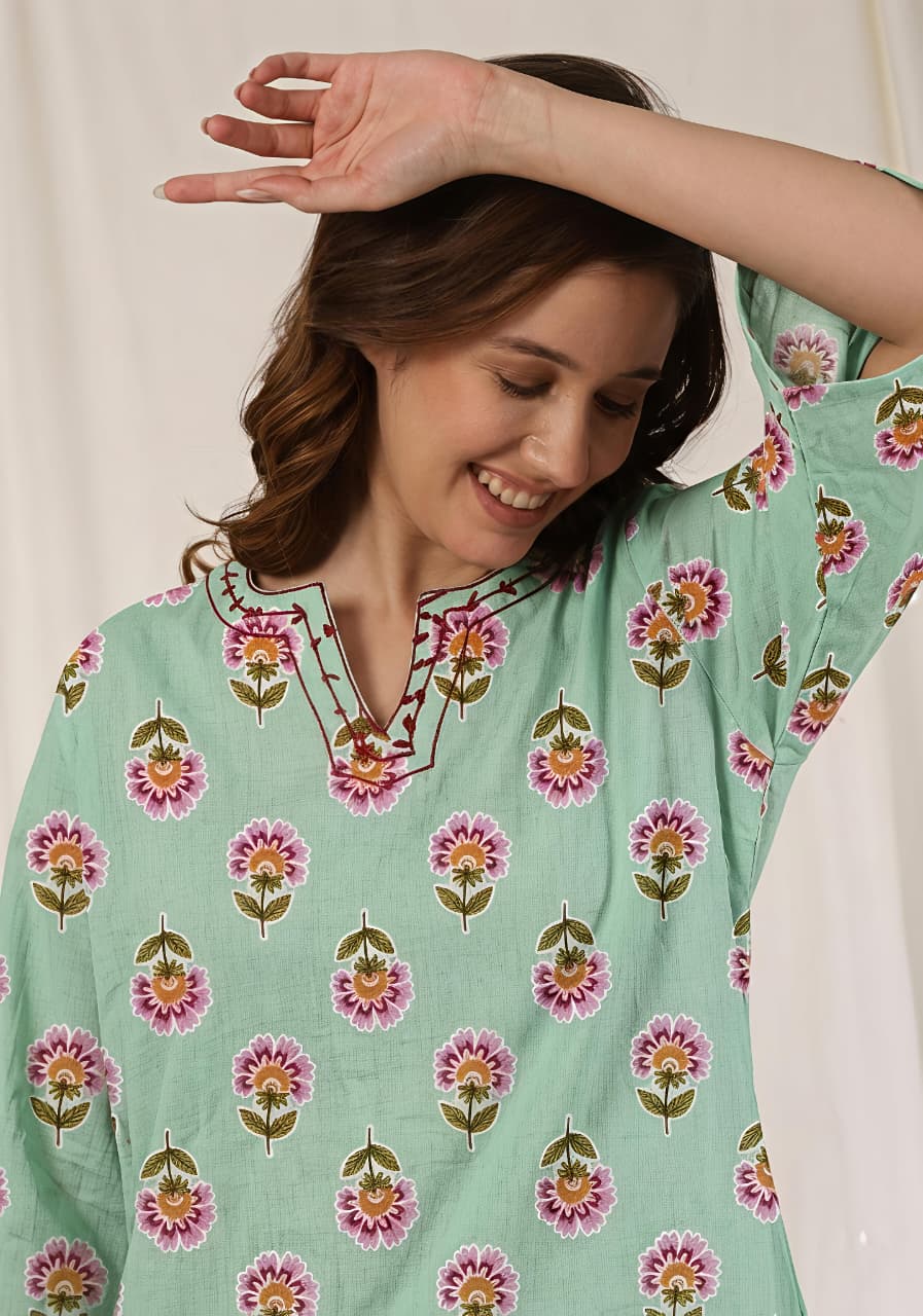 Aqua Pink Floral Printed Cotton Night Suit