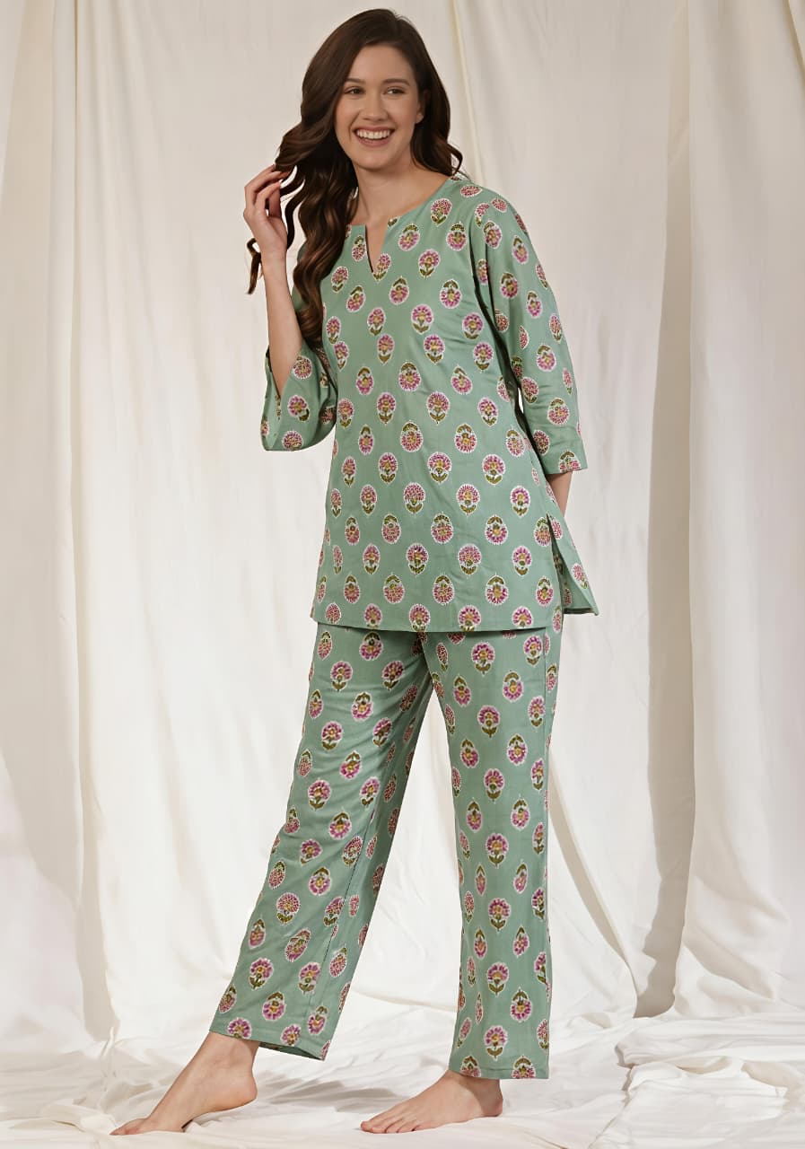 Aqua Pink Floral Printed Cotton Night Suit