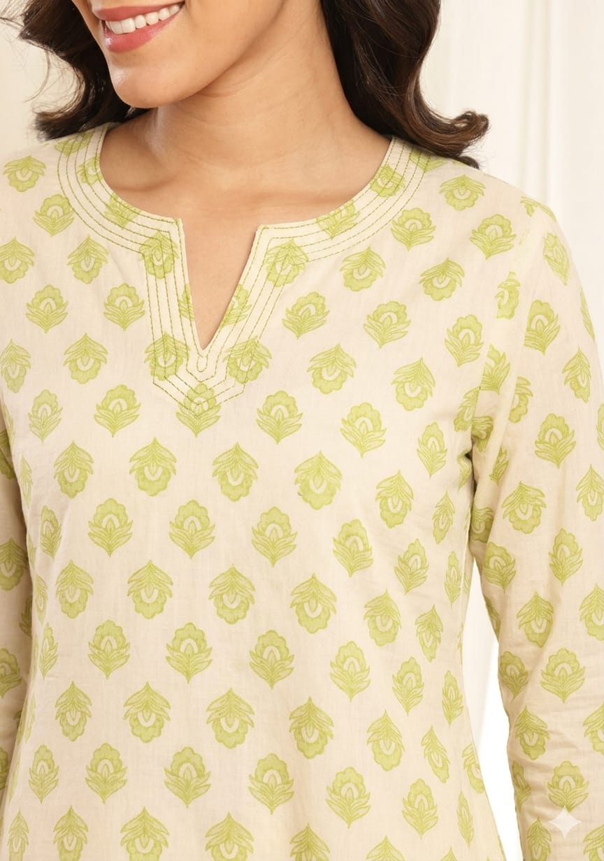White Olive Green Motif Printed Cotton Night Suit