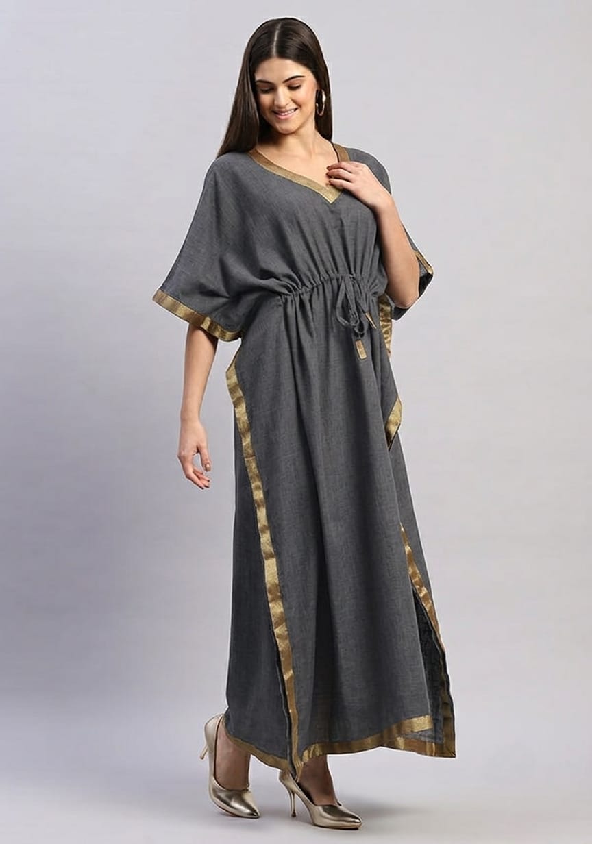 Dark Grey Cotton Kaftan with Gold Tissue Trimmings