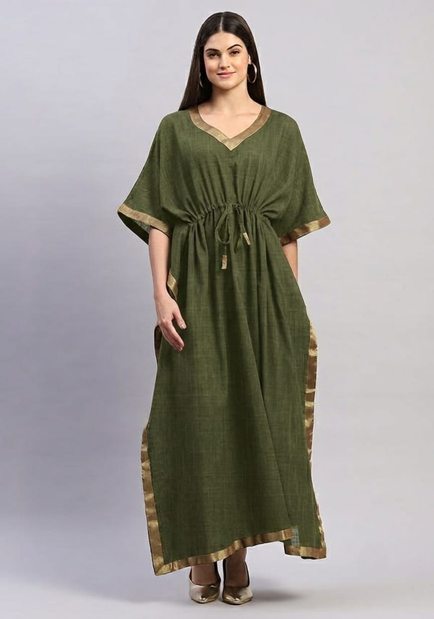 Military Green Cotton Kaftan with Gold Tissue Trimmings