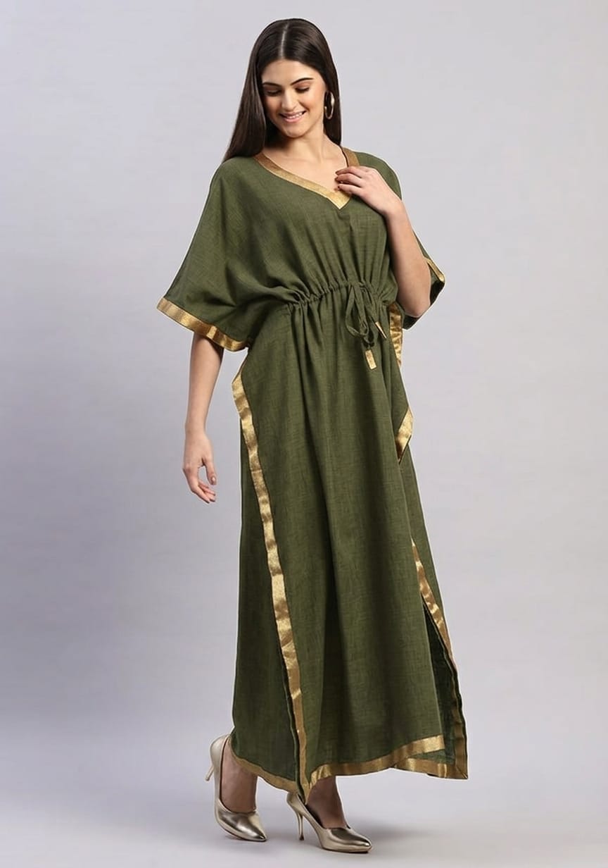 Military Green Cotton Kaftan with Gold Tissue Trimmings