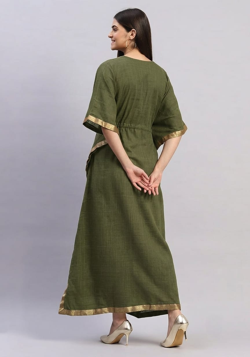 Military Green Cotton Kaftan with Gold Tissue Trimmings
