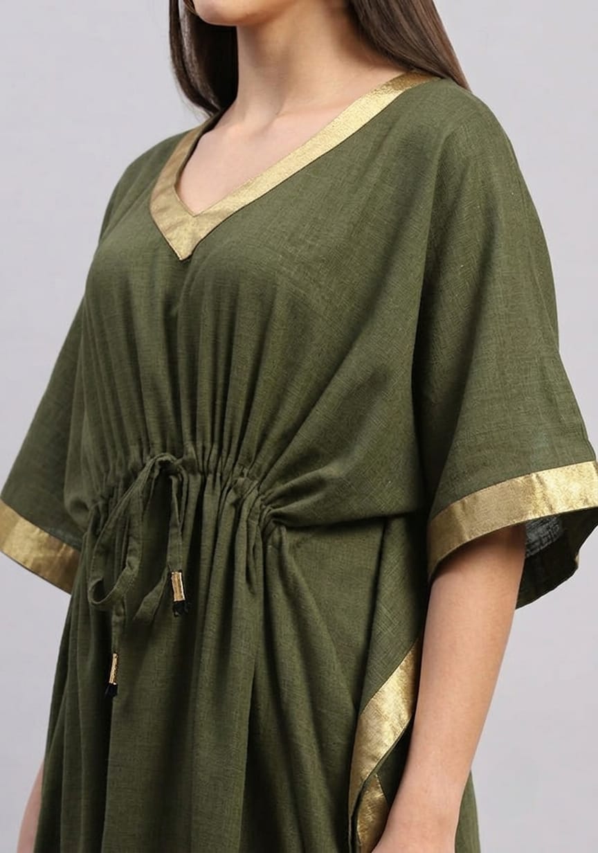 Military Green Cotton Kaftan with Gold Tissue Trimmings