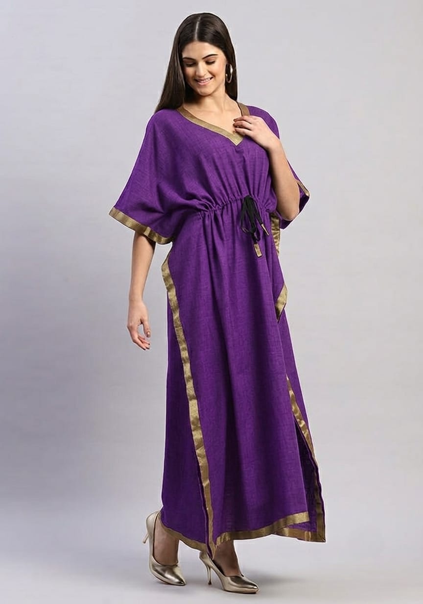 Purple Cotton Kaftan with Gold Tissue Trimmings