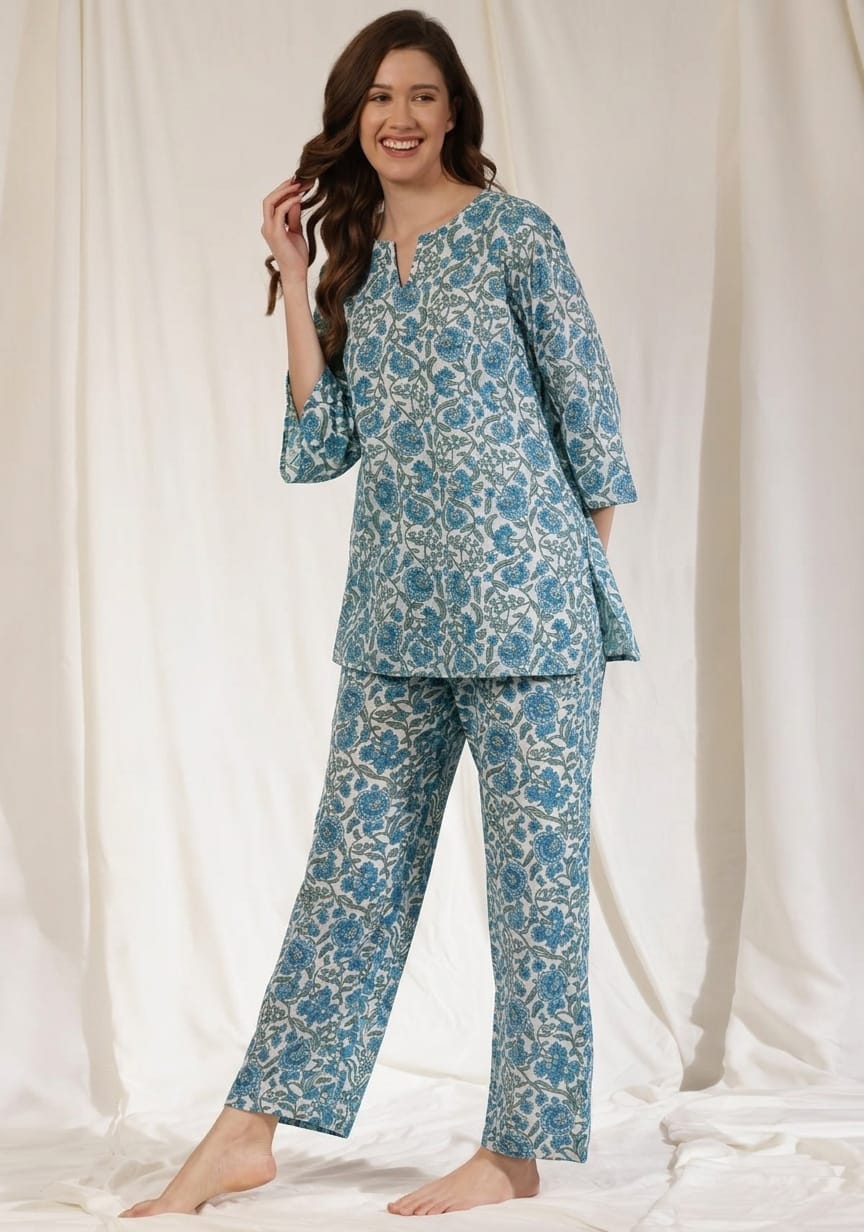 White Blue Floral Printed Cotton Night Suit