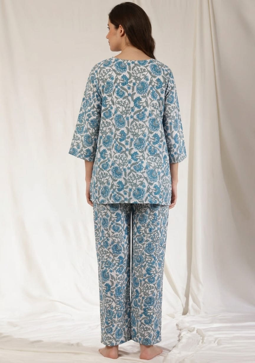 White Blue Floral Printed Cotton Night Suit