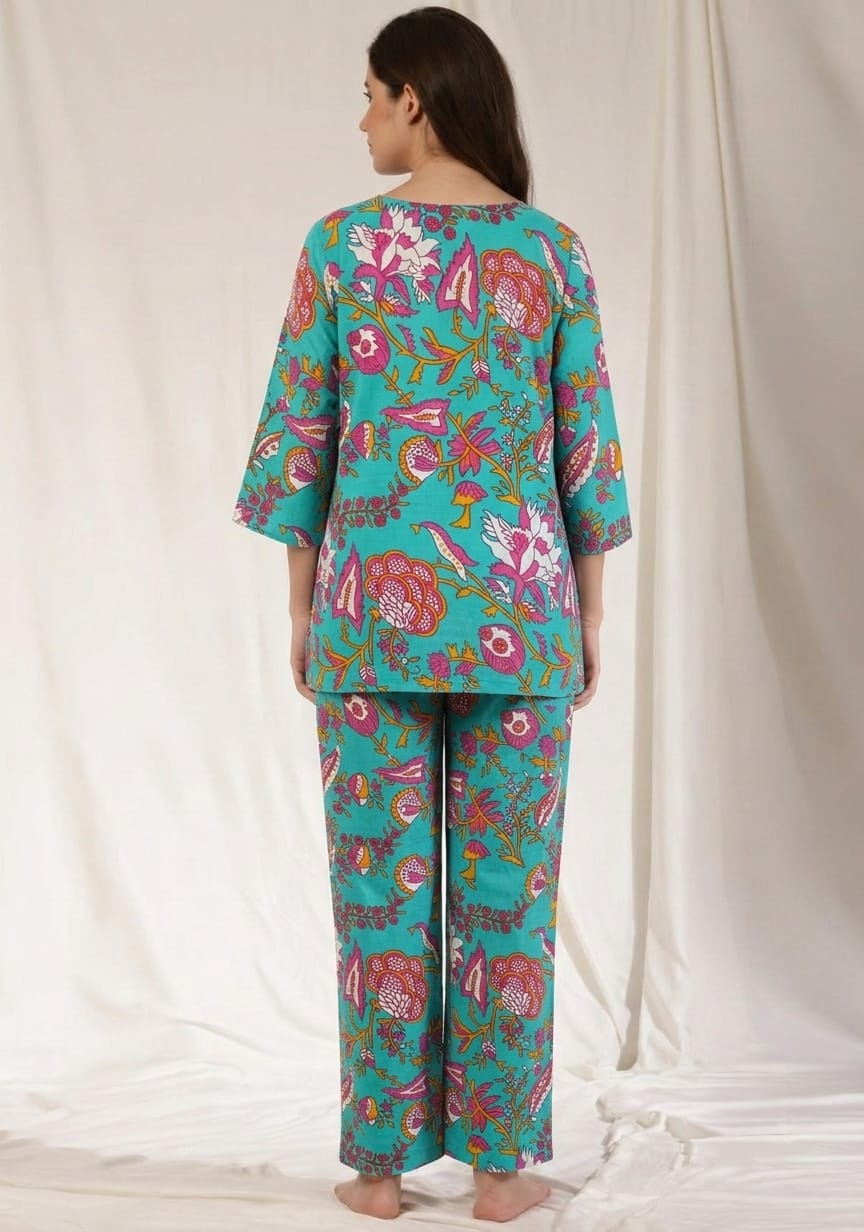 Blue Pink Floral Printed Cotton Night Suit