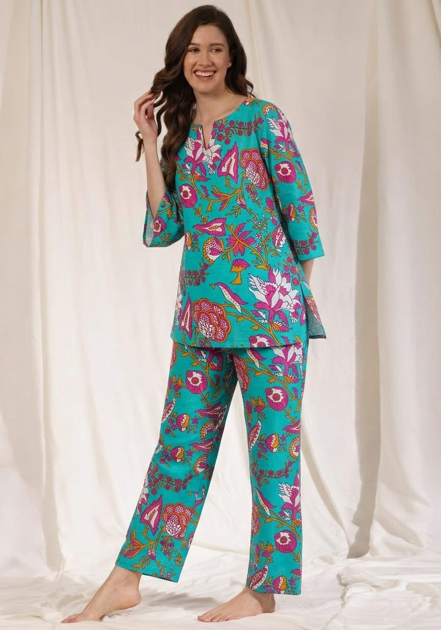 Blue Pink Floral Printed Cotton Night Suit